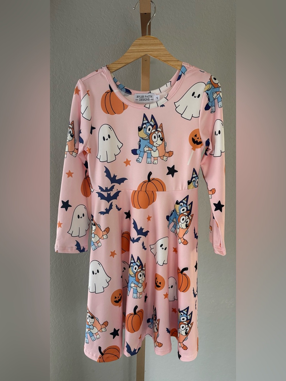 Rylee Faith Designs Bluey Halloween Pink Long Sleeve Twirl Dress 5T